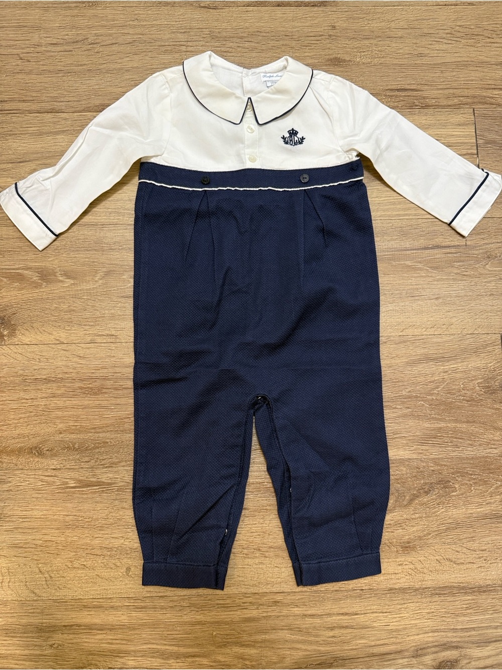 Ralph Lauren Navy & Cream Long-Sleeve Footie One-Piece